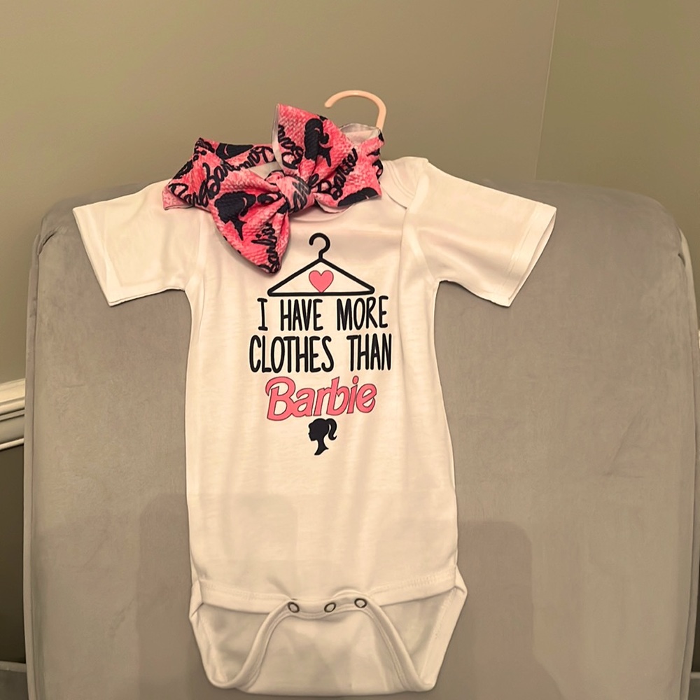 “I have more clothes than Barbie” onesie and bow set 6-12 months
